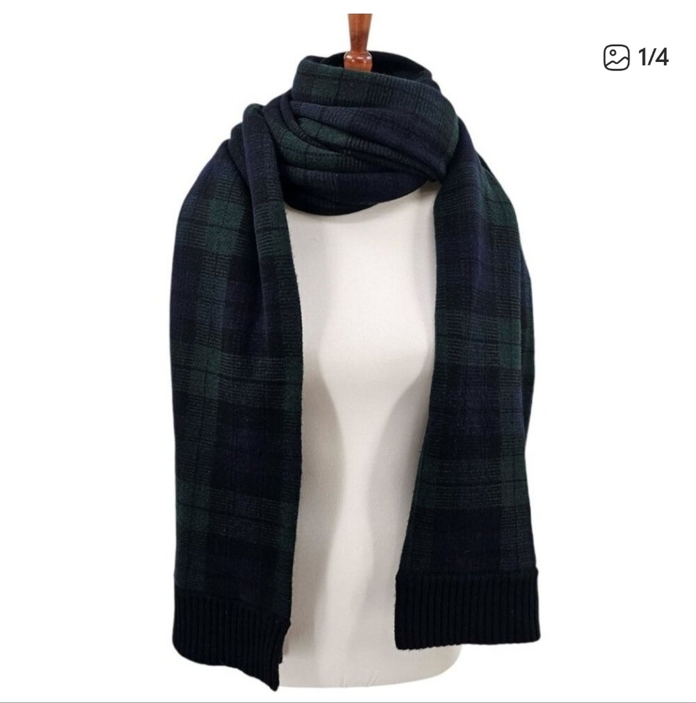 Ralph Lauren Green Navy Cashmere Extra Long Plaid Scarf 78"